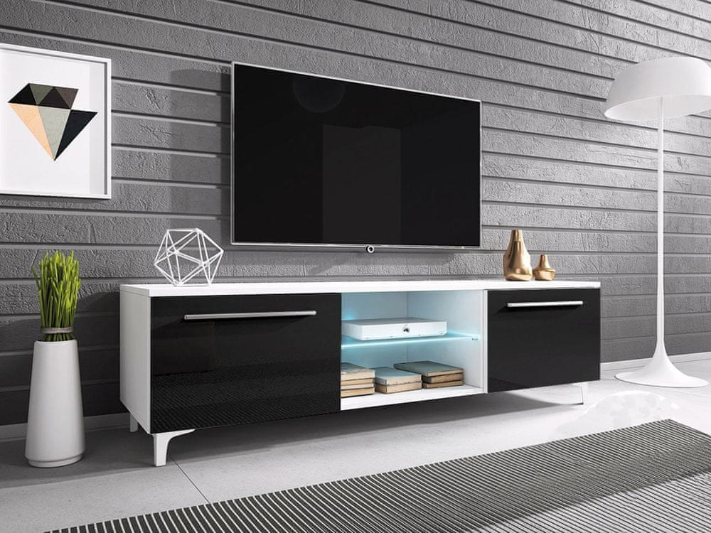 Veneti Televízny stolík na nožičkách s LED osvetlením FERNS 13 - biely / lesklý čierny